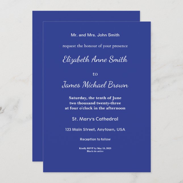 Convite de casamento mínimo a frio em azul profund (Frente/Verso)