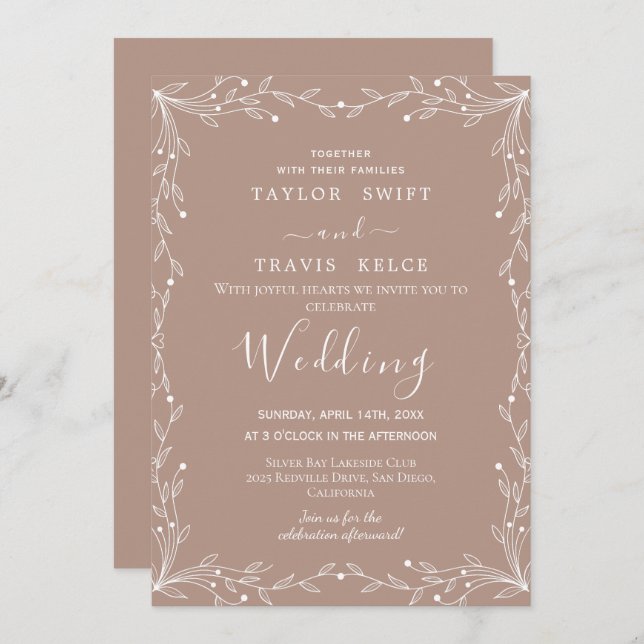 Convite de Casamento Mínimo Neutro de Folha (Frente/Verso)