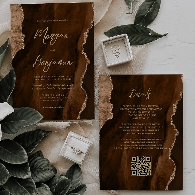 Convite de Casamento Mocha Brown Ágata Dourado Scr (Criador carregado)