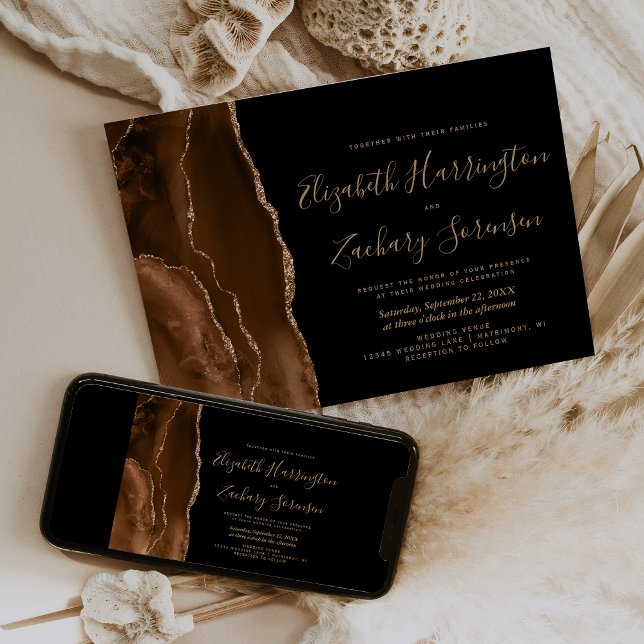 Convite de Casamento Mocha Brown Gold Ágata Escuro (Criador carregado)
