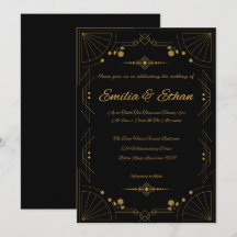 Convite de Casamento Moderno Art Déco Preto e Dour