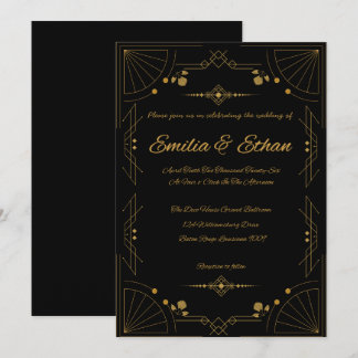 Convite de Casamento Moderno Art Déco Preto e Dour