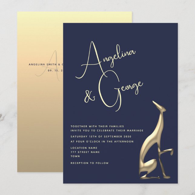 Convite de Casamento Moderno Azul Marinho Dourado (Frente/Verso)