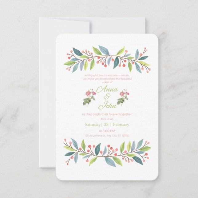 Convite de Casamento Moderno Botânico Verde Flores (Frente)