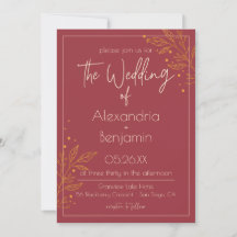 Convite de Casamento Moderno Burgundy e Dourado El