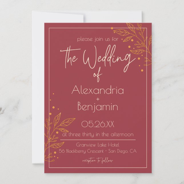 Convite de Casamento Moderno Burgundy e Dourado El (Frente)