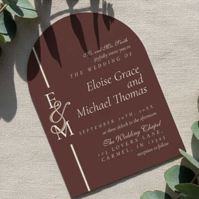 Convite de Casamento Moderno com Arco Vermelho Esc (Announce your special day with this luxurious Modern Monogram Script Red Arch Wedding Invitation!)
