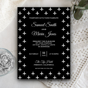 Convite de Casamento Moderno com Aviões Preto e Br