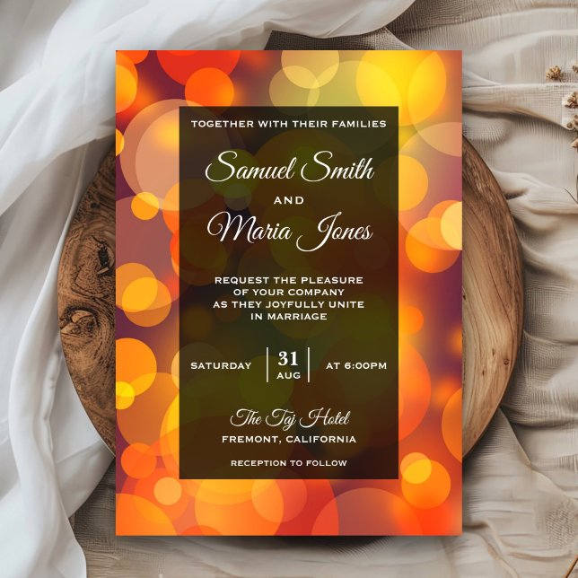 Convite de Casamento Moderno com Bokeh Amarelo e L (Criador carregado)