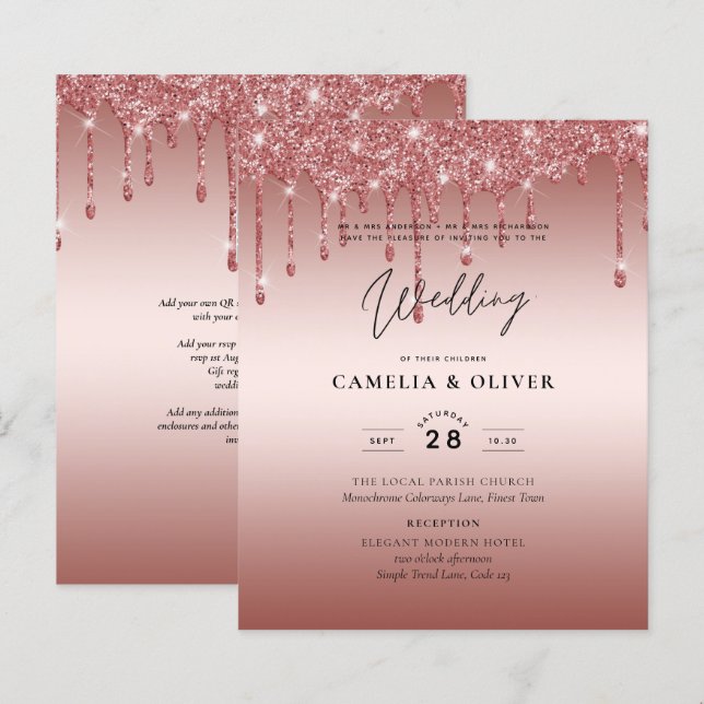 Convite de Casamento Moderno com Brilho Dourado Ro (Frente/Verso)