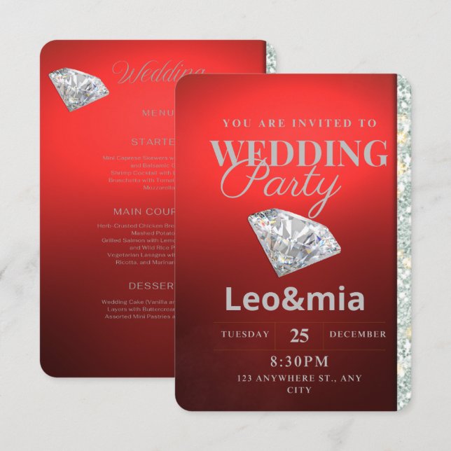 Convite de Casamento Moderno com Diamante Vermelho (Frente/Verso)