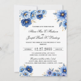 Convite de Casamento Moderno com Florais Azul Mari