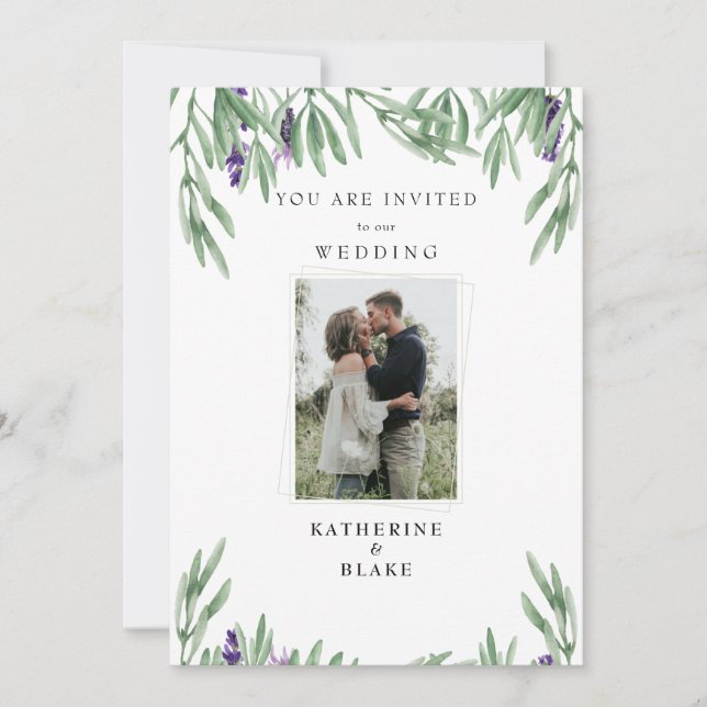 Convite de Casamento Moderno com Foto e Folhagem L (Frente)