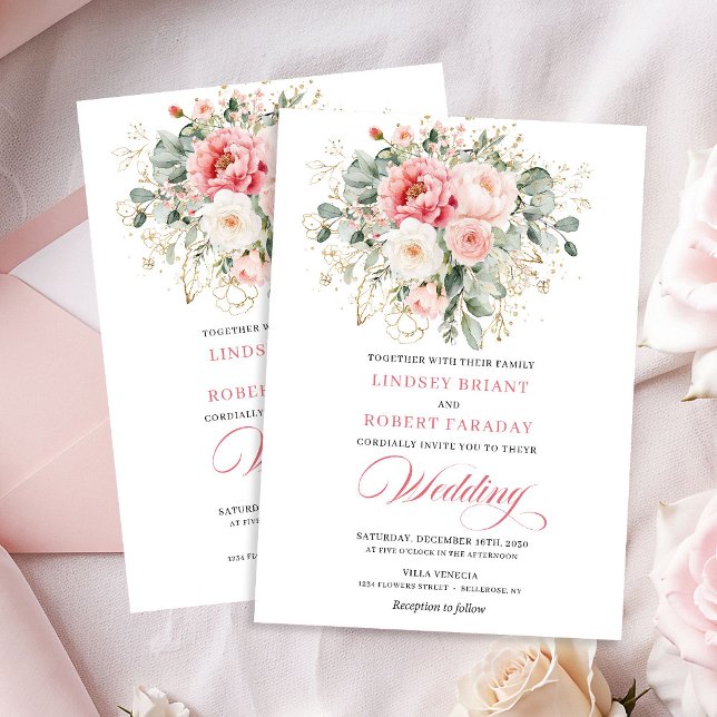 Convite de Casamento Moderno com Vegetação Rosa Be (Modern Blush Greenery Gold Wedding Invite)
