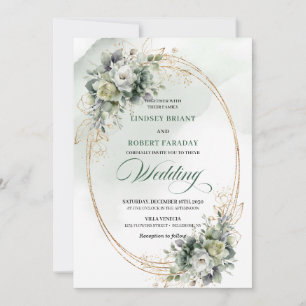 Convite de Casamento Moderno com Verde e Dourado