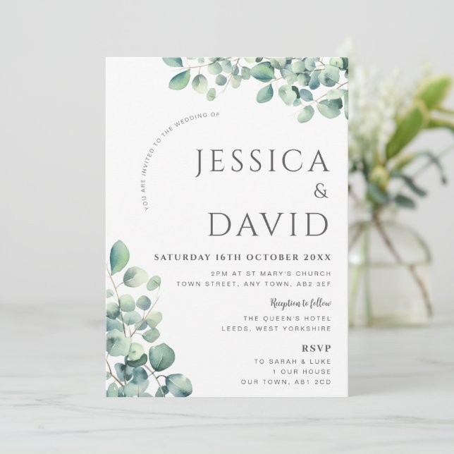 Convite de Casamento Moderno com Verde Eucalipto (Em pé/Frente)