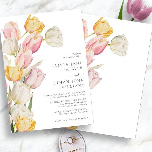 Convite de Casamento Moderno de Primavera (Modern Watercolor Pink Cream and Yellow Tulip Wedding Invitation by Painted Paperie)