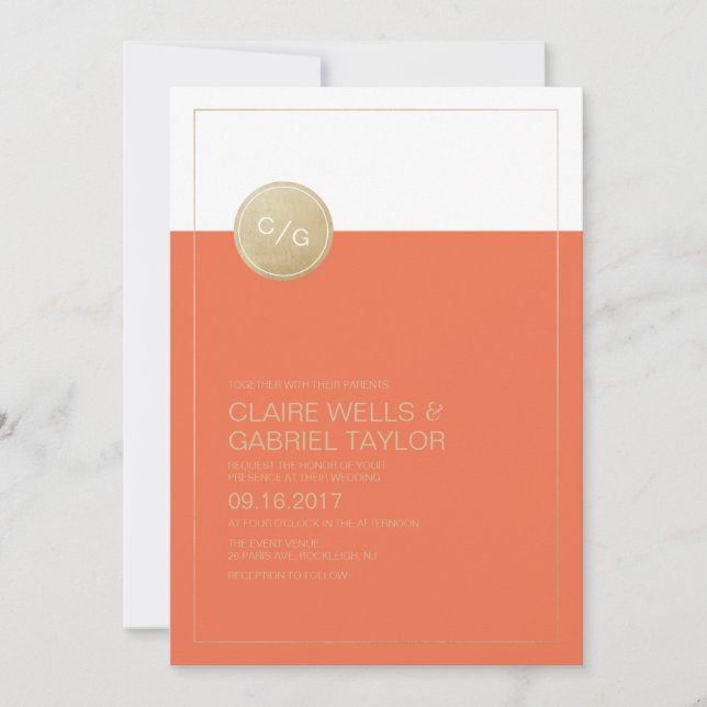 Convite de casamento moderno e minimalista laranja (Frente)