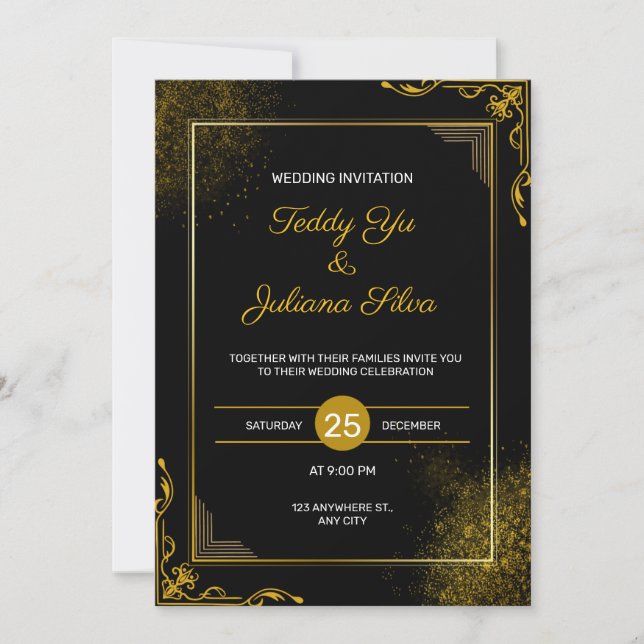 Convite de Casamento Moderno Elegante Preto e Dour (Frente)