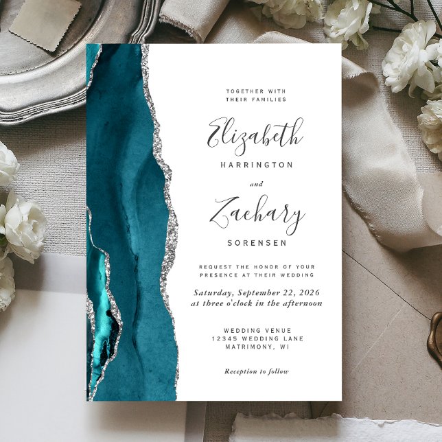 Convite de Casamento Moderno em Ágata Azul Turques (The perfect choice for a teal and silver themed wedding.)