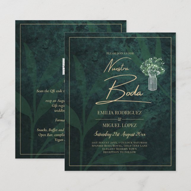 Convite de Casamento Moderno em Esmeralda Dourado (Frente/Verso)