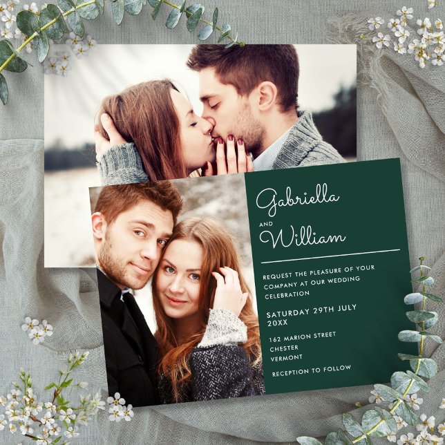 Convite de Casamento Moderno Emerald Green 2 Fotos (Modern Script Emerald Green 2 Photo Wedding Invitation)
