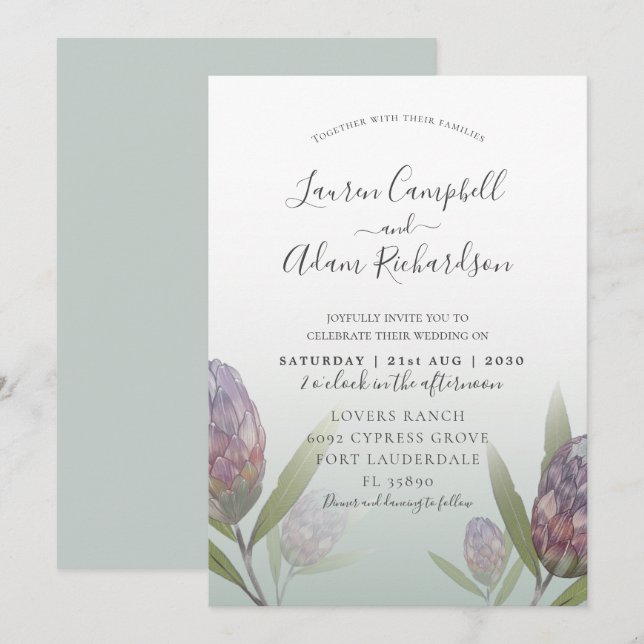 Convite de Casamento Moderno Floral em Verde e Rox (Frente/Verso)