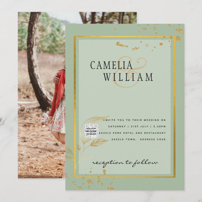 Convite de Casamento Moderno FOTO Código QR Rsvp V (Frente/Verso)