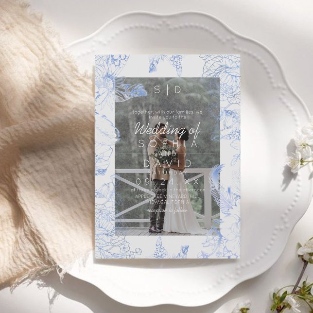 Convite de Casamento Moderno Foto Floral Azul (Criador carregado)