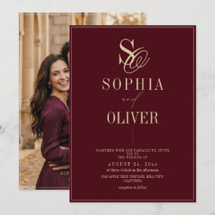 Convite de Casamento Moderno Fotográfico Borgonha