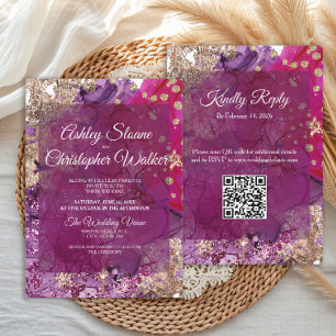 Convite de Casamento Moderno Magenta Roxo Dourado