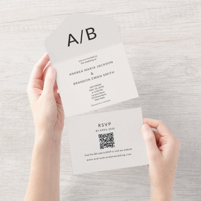 Convite de Casamento Moderno Mínimo QR Tudo-em-Um (Aba destacável)