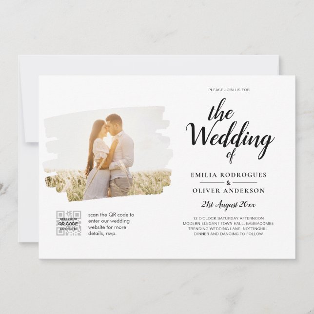 Convite de Casamento Moderno Preto e Branco COM QR (Frente)