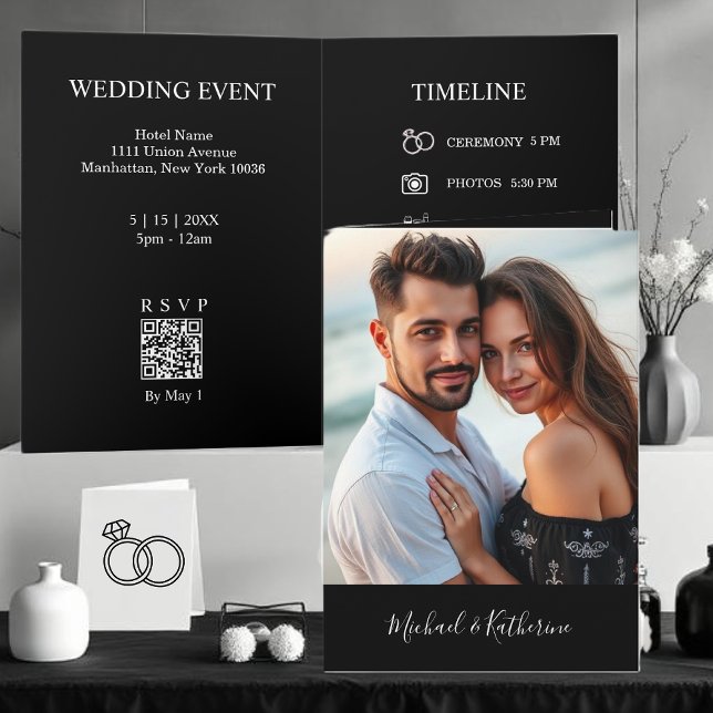 Convite de Casamento Moderno Preto e Branco Tudo e (Modern Black & White All in One Wedding Invitation)
