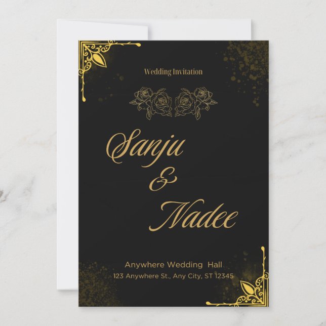 Convite de Casamento Moderno Preto e Dourado Elega (Frente)