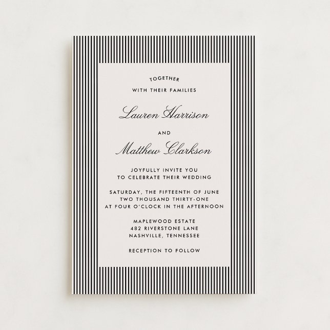 Convite de Casamento Moderno Preto e Marfim Listra (Criador carregado)