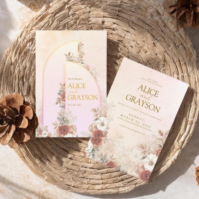 Convite de Casamento Moderno Rosa Floral Boho Arco (Criador carregado)