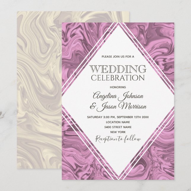 Convite de Casamento Moderno Rosa Mármore Elegante (Frente/Verso)