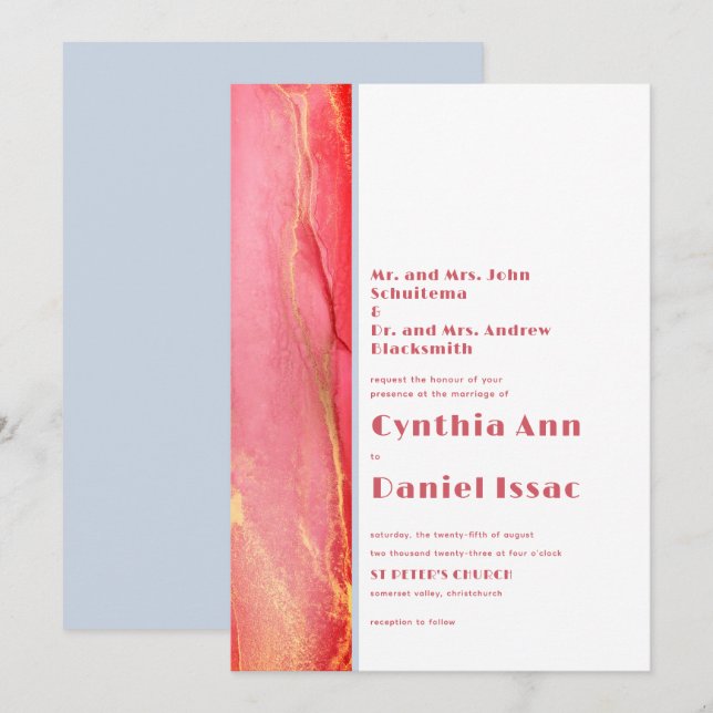 Convite de Casamento Moderno Rosa Pastel Azul (Frente/Verso)
