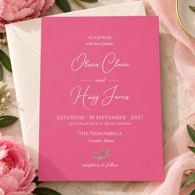 Convite de Casamento Moderno Rosa Quente em Script (Modern Peony Pink Ivory Script Wedding Invitation)