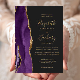Convite de Casamento Moderno Roxo Dourado Ágata Es