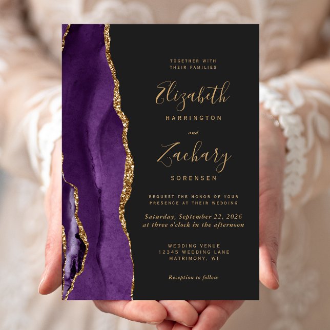 Convite de Casamento Moderno Roxo Dourado Ágata Es (An elegant way to invite friends and family to share your special day.)