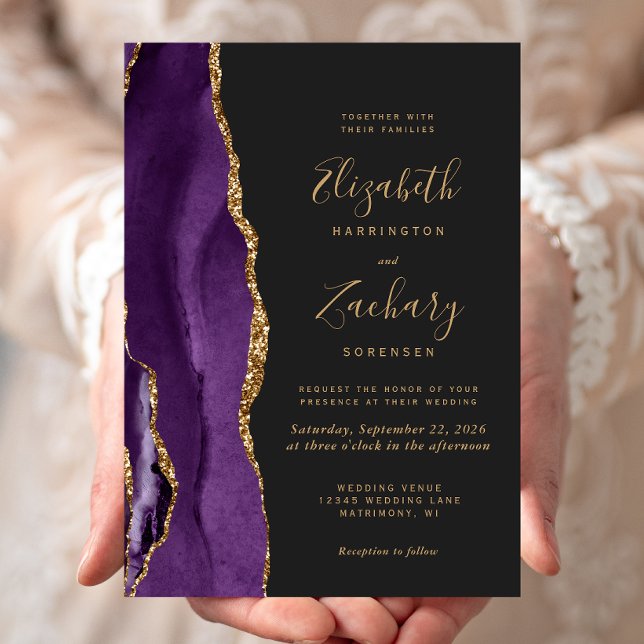 Convite de Casamento Moderno Roxo Dourado Ágata Es (An elegant way to invite friends and family to share your special day.)