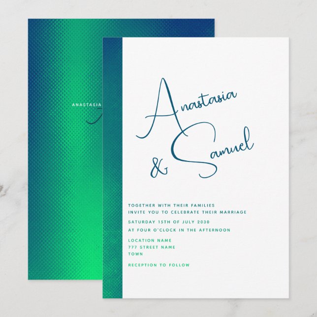 Convite de Casamento Moderno Verde Turquesa Minima (Frente/Verso)
