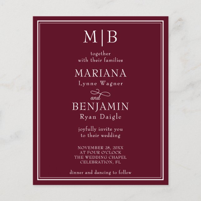 Convite de Casamento Moderno Vermelho Burgundy com (Frente)