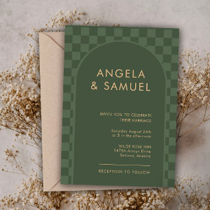 Convite de Casamento Moderno Xadrez Verde Esmerald