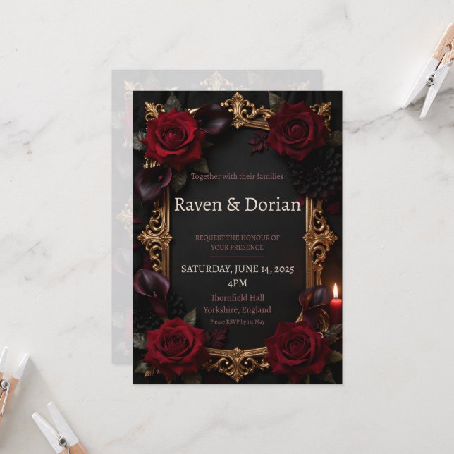 Convite de Casamento Moldura Dourada Rosas Vermelh (Frente/Verso In Situ)