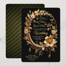 Convite de Casamento Moldura Ornata Floral Dourada
