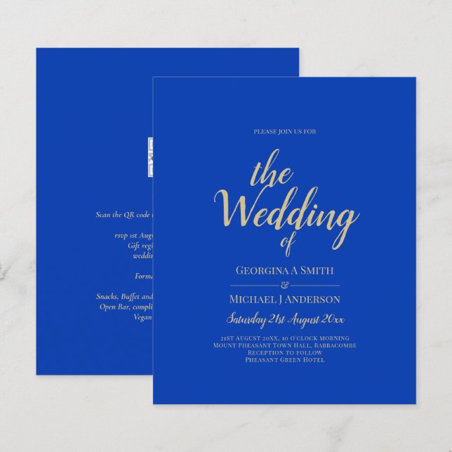 Convite de Casamento Monocromático Azul Real Orçam (Frente/Verso)