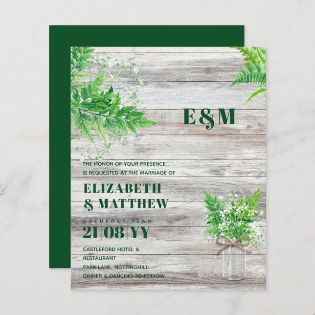 CONVITE DE CASAMENTO Monocromático do BUDGET Green (Frente/Verso)